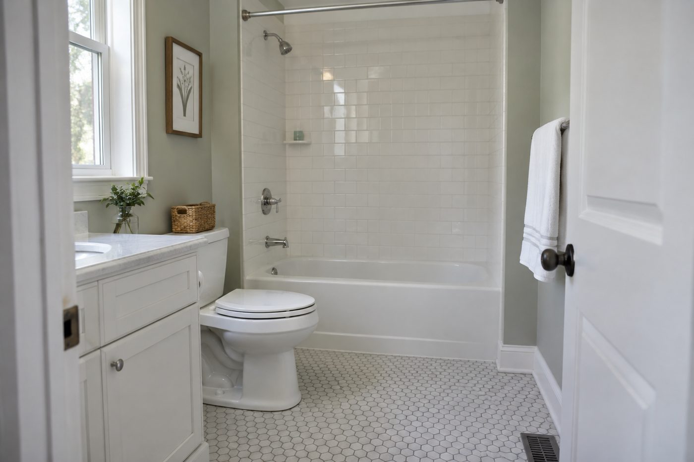 Bright bathroom with white subway tile and hexagon floor, freshly cleaned