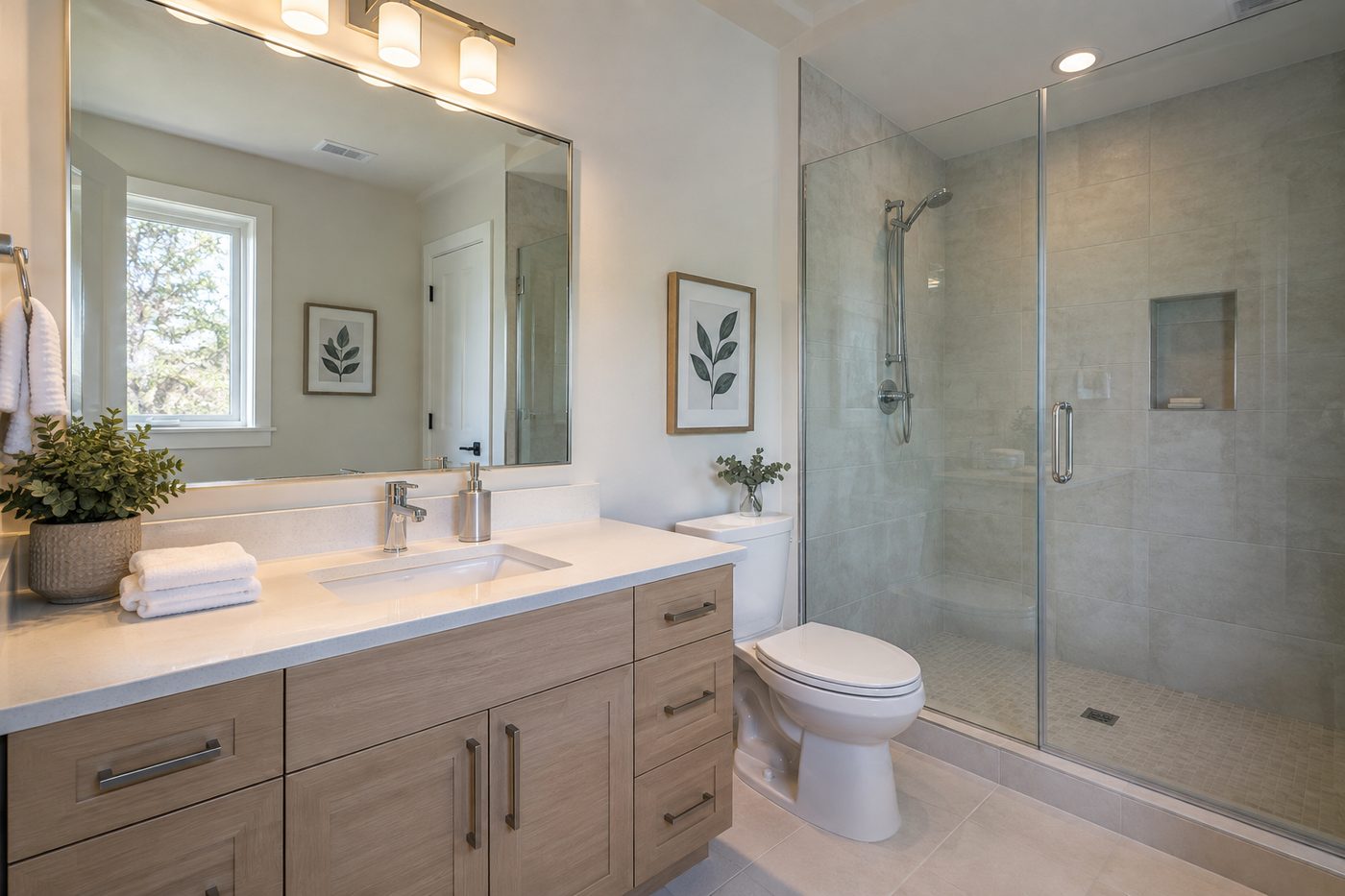 Modern bathroom vanity and glass shower, spotless