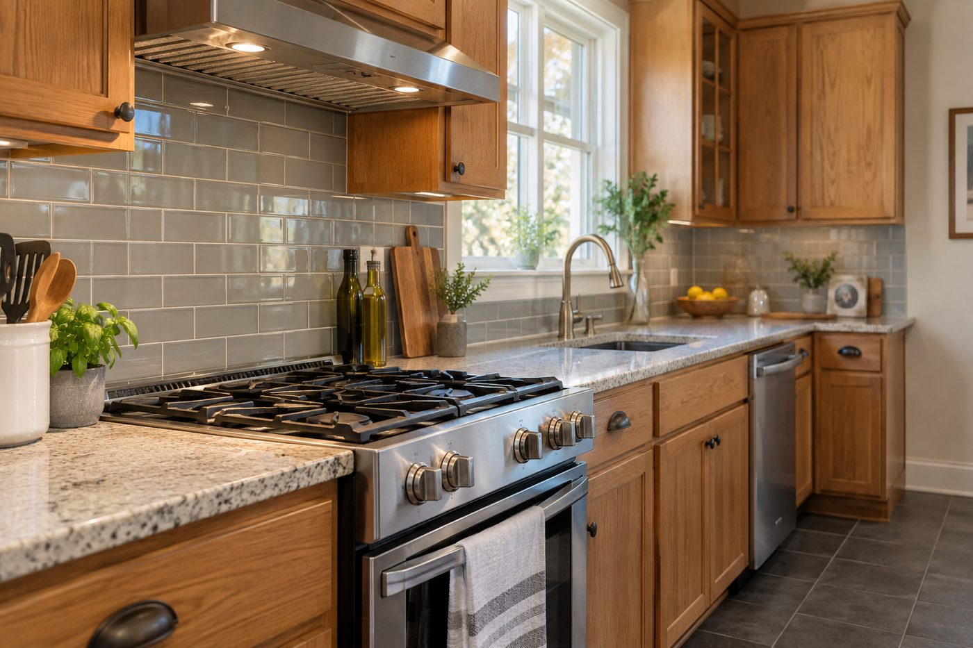 Kitchen with oak cabinets and polished range