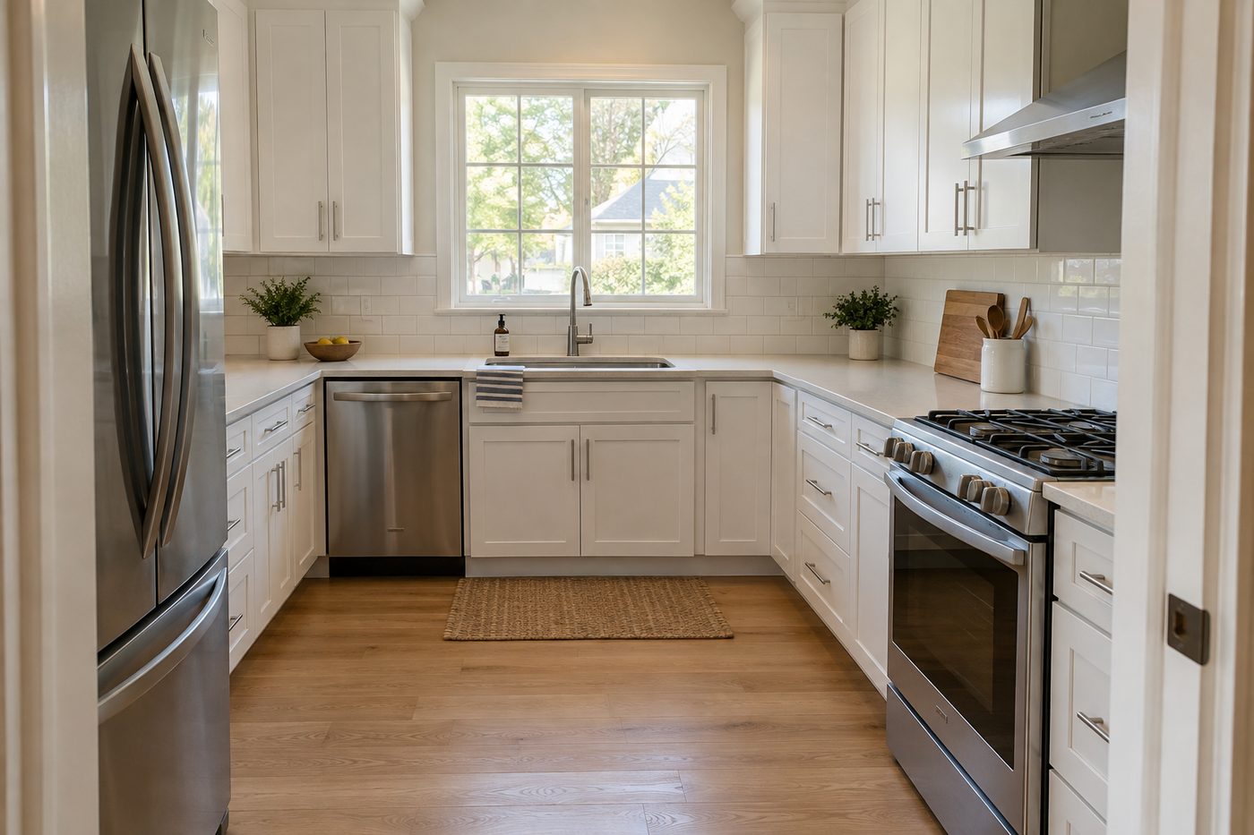 White kitchen with clean countertops and wood floor